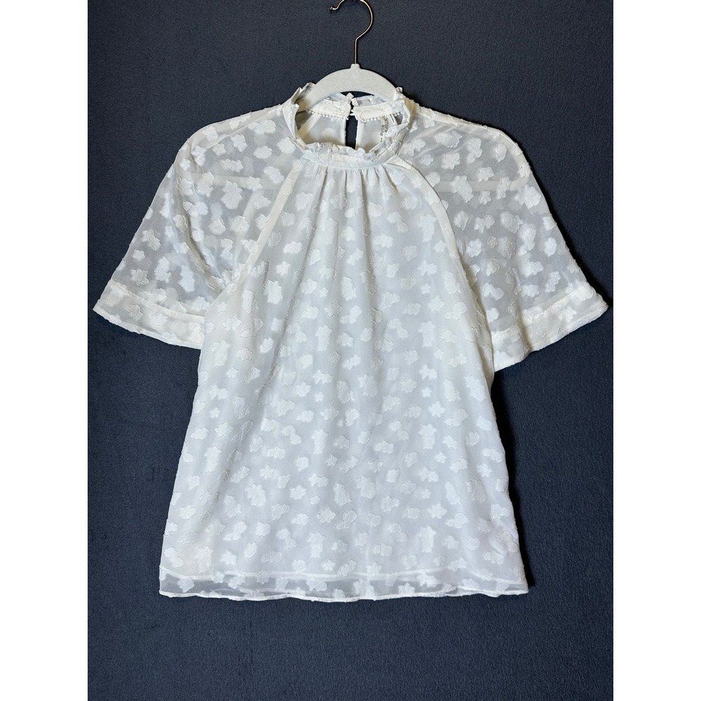 Anthropologie Feather Bone XS White Clip Dot‎ Feminine Ruffle Neck Blouse Boho
